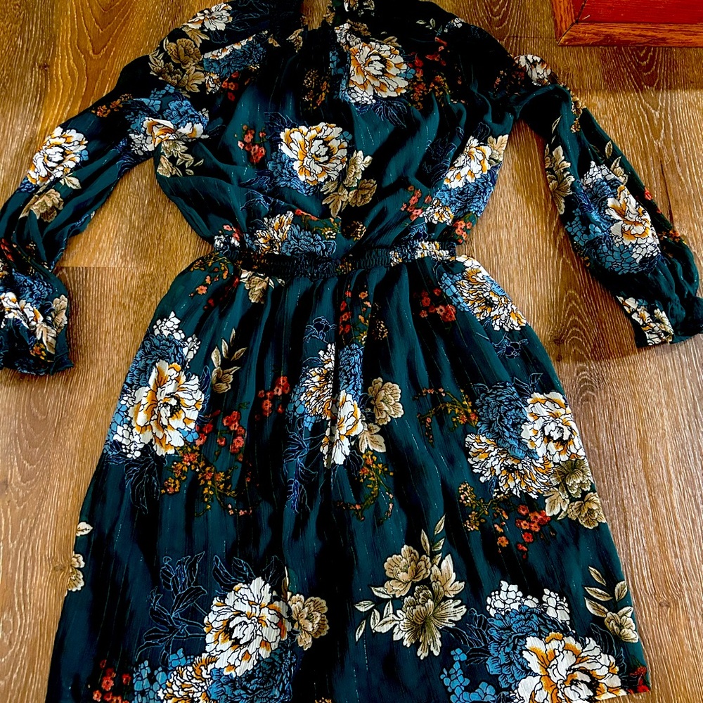 - Charming Charlie green flower dress. High neck. Size small.